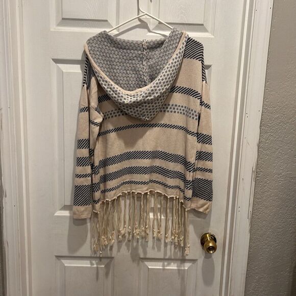 Altar'd State Striped Baja Hoodie Tassel Fringe Boho Cotton Sweater Large Cream - Picture 6 of 7